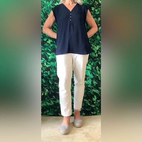 💙 LOFT Navy Flutter Sleeve Blouse – V-Neck w/ Gold Buttons – Size M - Picture 1 of 7